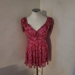 Urban Outfitters Pink Floral Puff Sleeve Tie Front Mini Dress Size S